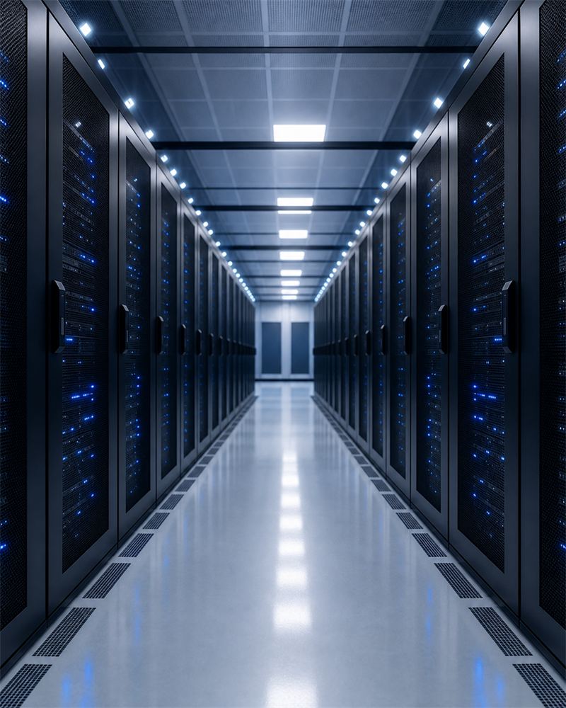 Data center aisle with rows of server racks