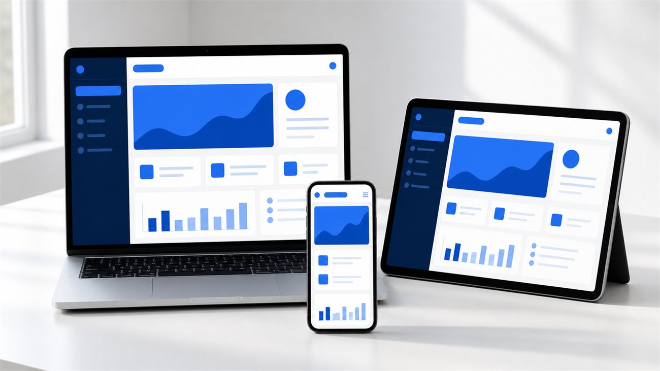 Laptop, tablet, and phone showing the same hosted application