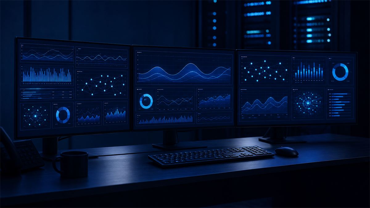 Operations desk with three monitors showing infrastructure telemetry
