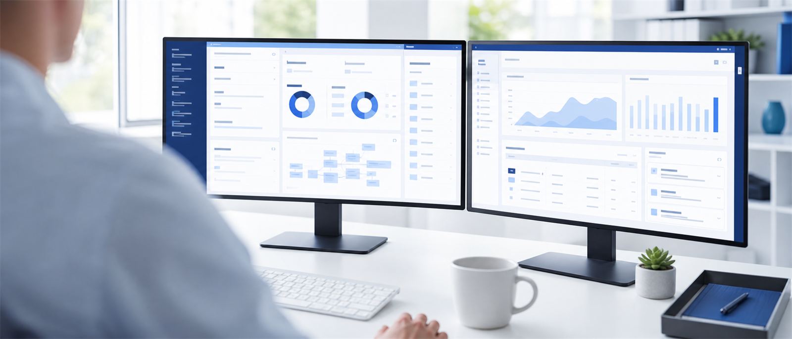 Workstation with two monitors running Windows business applications