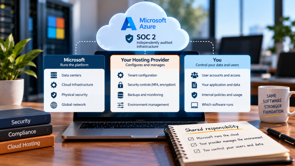 Azure SOC 2 hosting shared responsibility across Microsoft, hosting provider, and customer